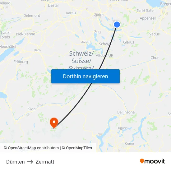 Dürnten to Zermatt map