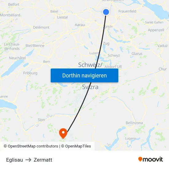 Eglisau to Zermatt map
