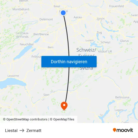 Liestal to Zermatt map