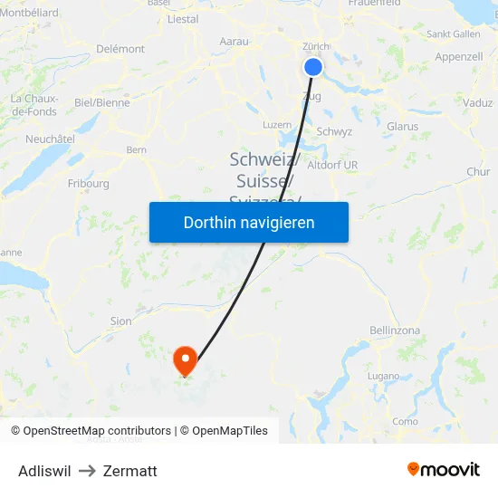 Adliswil to Zermatt map