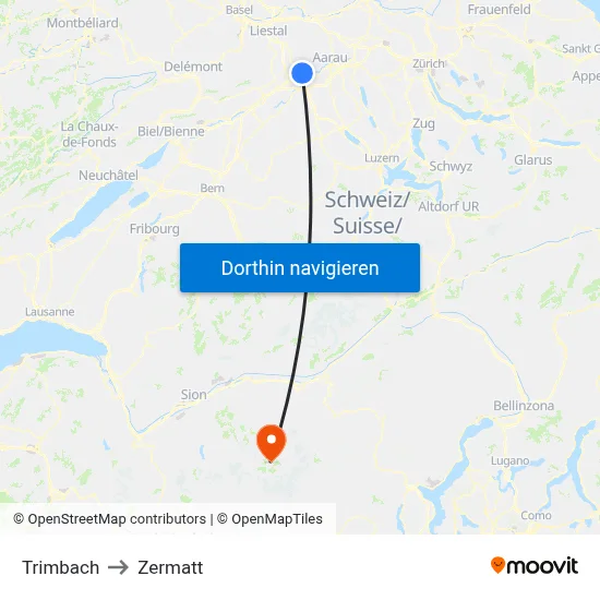 Trimbach to Zermatt map