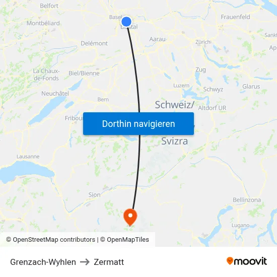 Grenzach-Wyhlen to Zermatt map