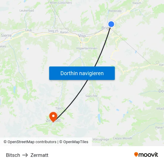 Bitsch to Zermatt map