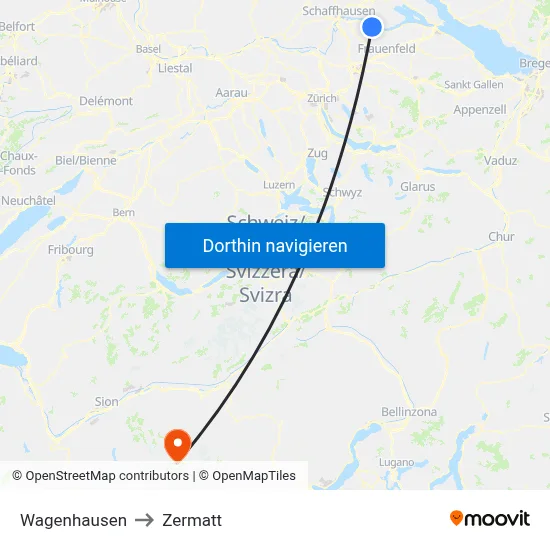 Wagenhausen to Zermatt map