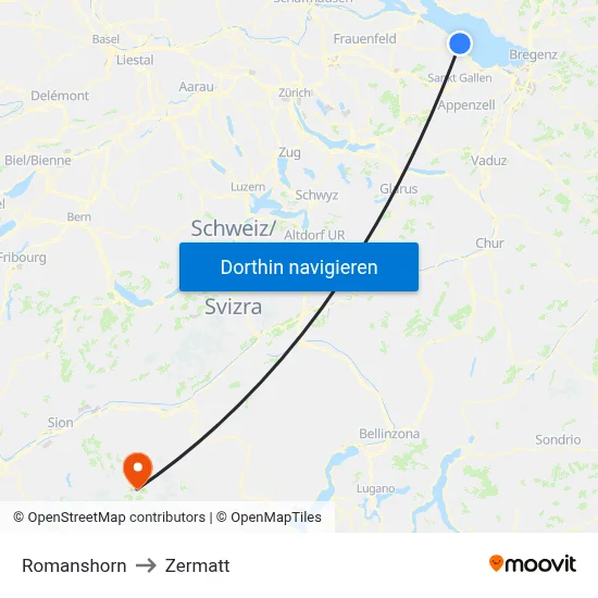 Romanshorn to Zermatt map