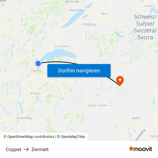 Coppet to Zermatt map