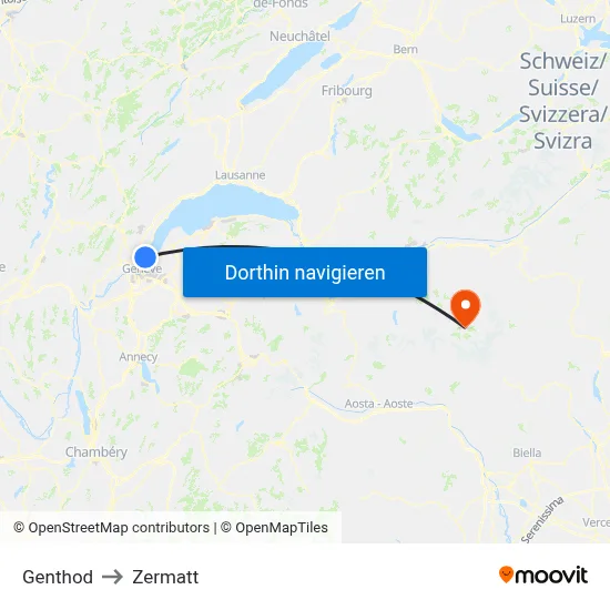 Genthod to Zermatt map