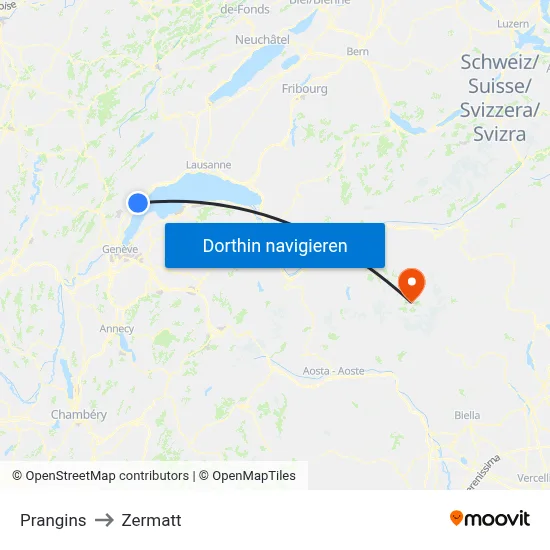 Prangins to Zermatt map