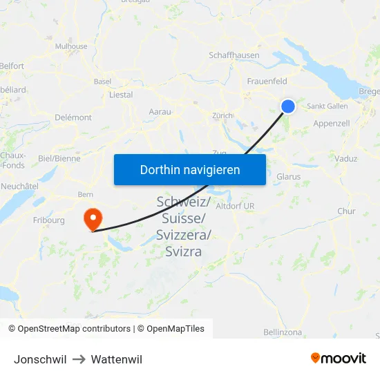 Jonschwil to Wattenwil map