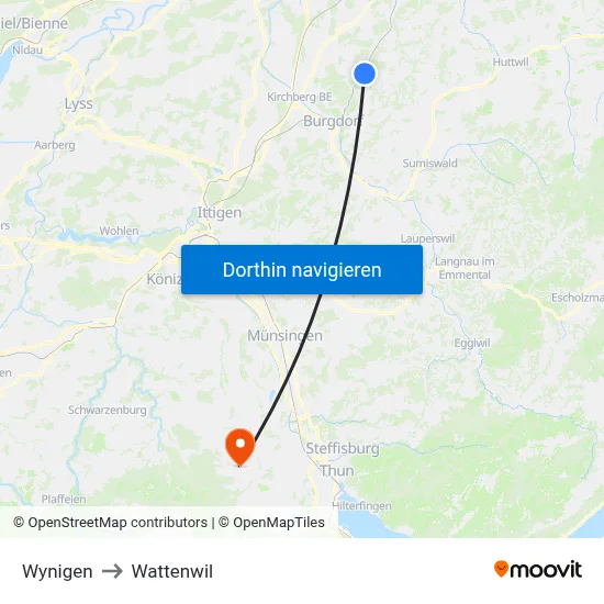 Wynigen to Wattenwil map