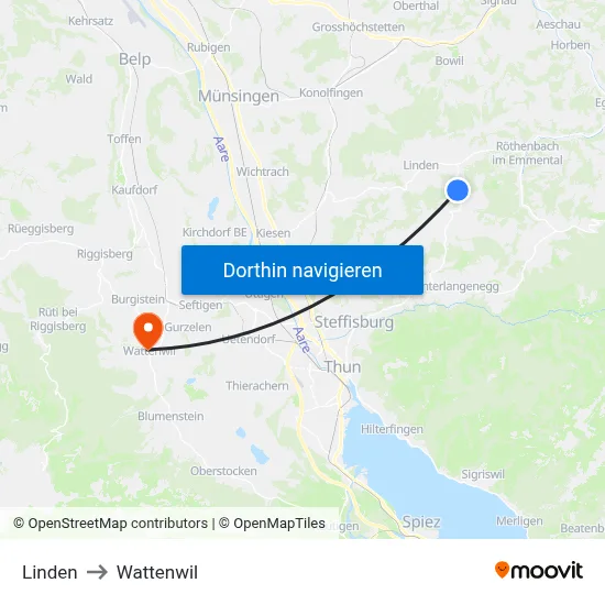 Linden to Wattenwil map