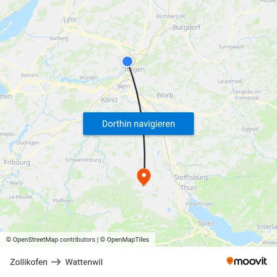 Zollikofen to Wattenwil map