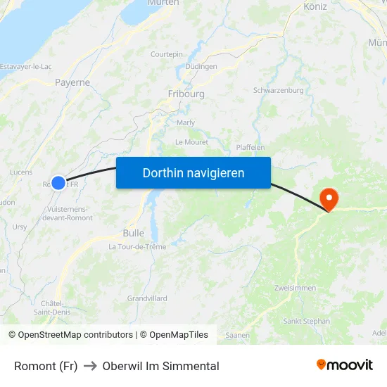 Romont (Fr) to Oberwil Im Simmental map