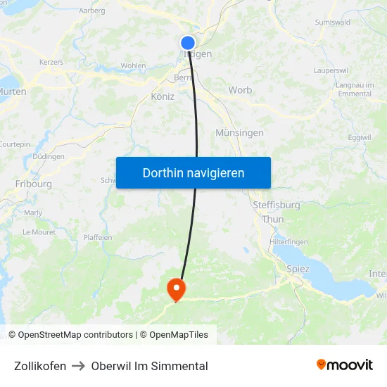 Zollikofen to Oberwil Im Simmental map