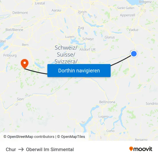 Chur to Oberwil Im Simmental map