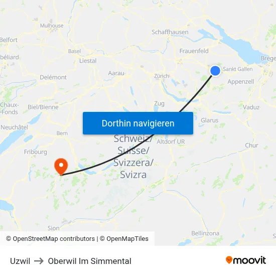 Uzwil to Oberwil Im Simmental map