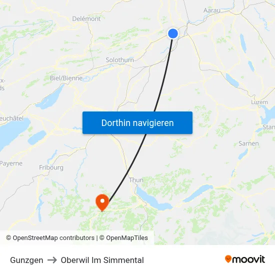 Gunzgen to Oberwil Im Simmental map