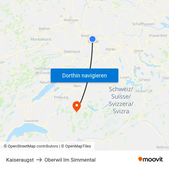 Kaiseraugst to Oberwil Im Simmental map