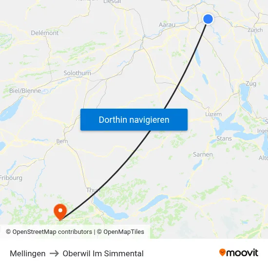 Mellingen to Oberwil Im Simmental map