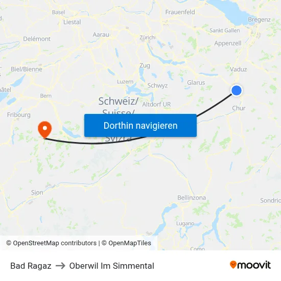 Bad Ragaz to Oberwil Im Simmental map