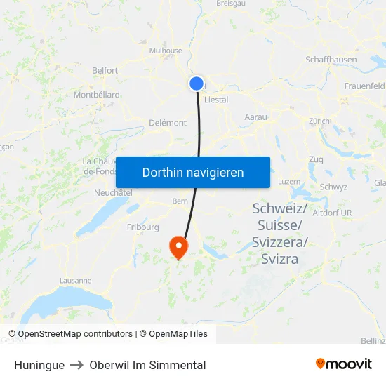 Huningue to Oberwil Im Simmental map