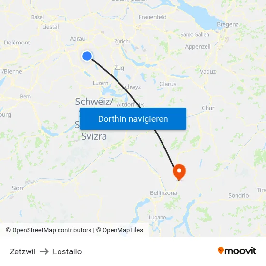 Zetzwil to Lostallo map