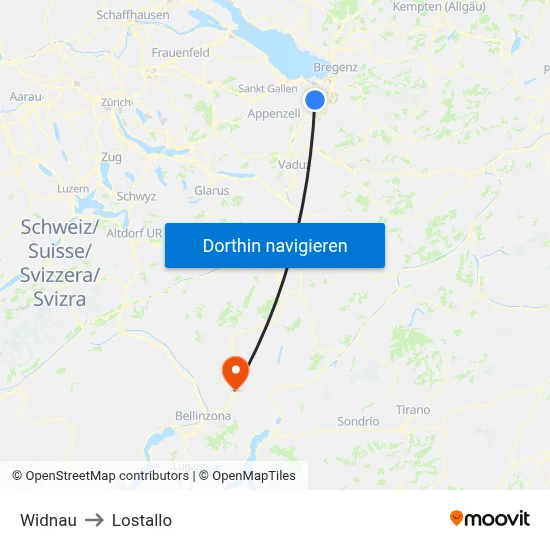 Widnau to Lostallo map