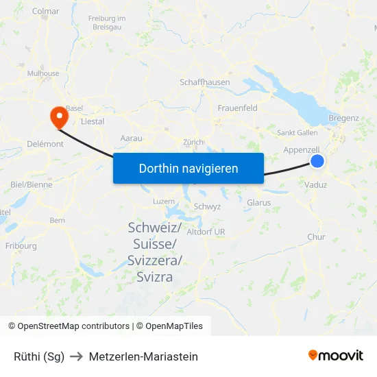 Rüthi (Sg) to Metzerlen-Mariastein map