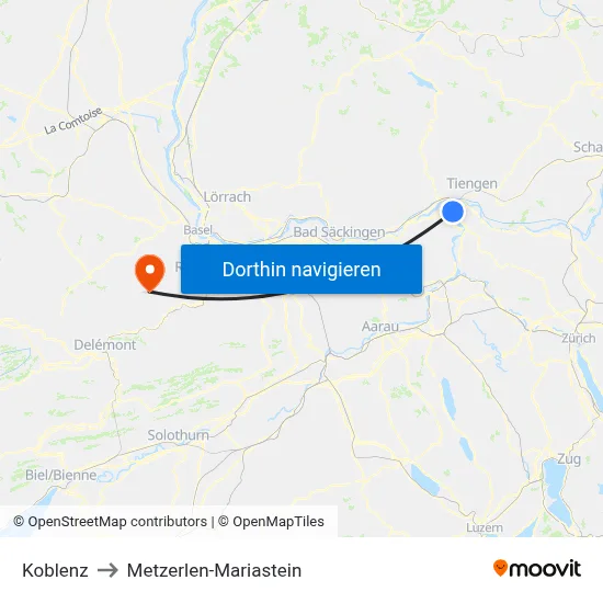 Koblenz to Metzerlen-Mariastein map