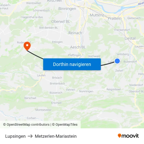 Lupsingen to Metzerlen-Mariastein map