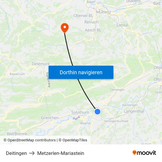 Deitingen to Metzerlen-Mariastein map