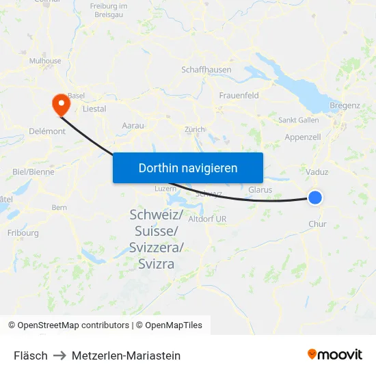 Fläsch to Metzerlen-Mariastein map