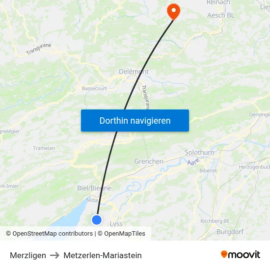 Merzligen to Metzerlen-Mariastein map