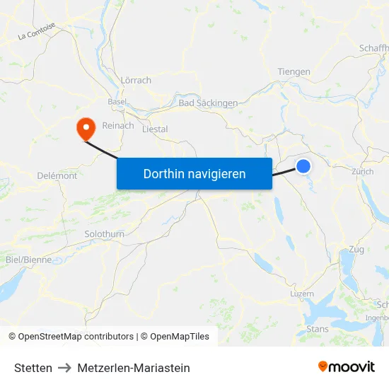 Stetten to Metzerlen-Mariastein map