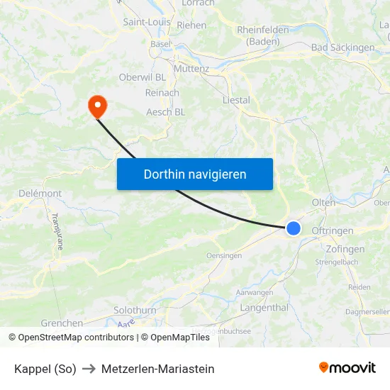 Kappel (So) to Metzerlen-Mariastein map