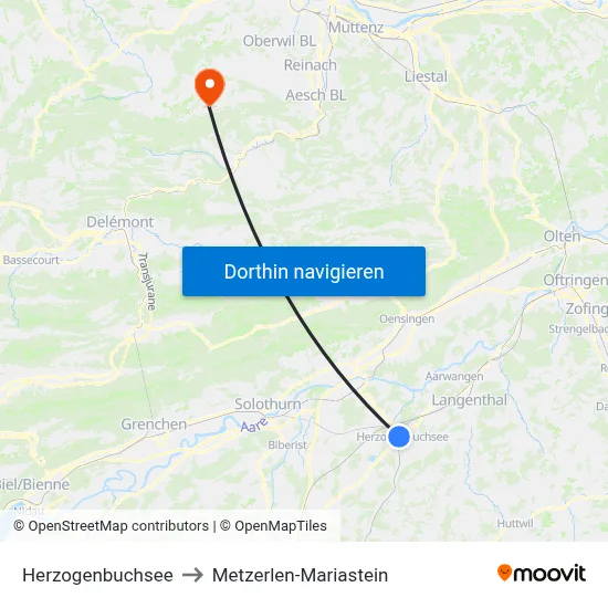 Herzogenbuchsee to Metzerlen-Mariastein map