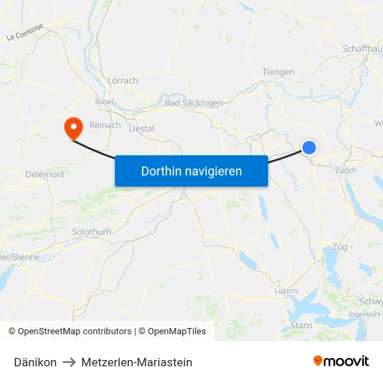 Dänikon to Metzerlen-Mariastein map