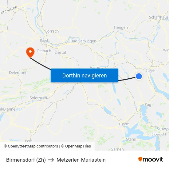 Birmensdorf (Zh) to Metzerlen-Mariastein map