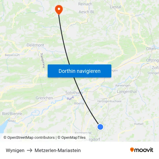 Wynigen to Metzerlen-Mariastein map