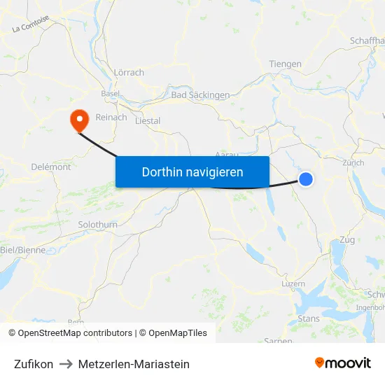 Zufikon to Metzerlen-Mariastein map