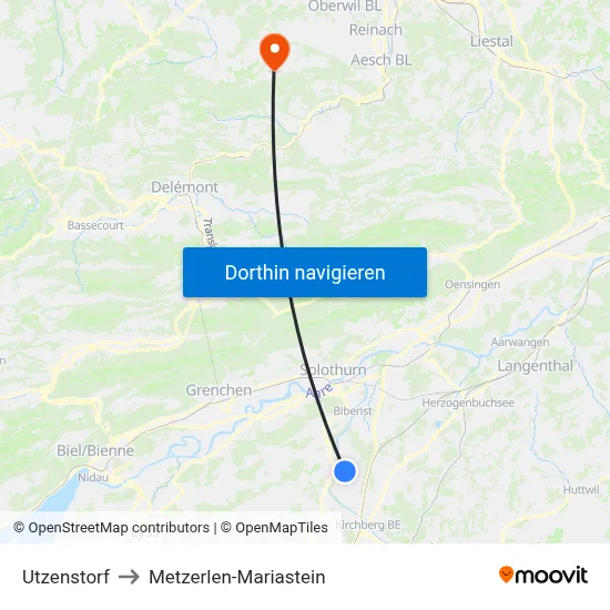 Utzenstorf to Metzerlen-Mariastein map