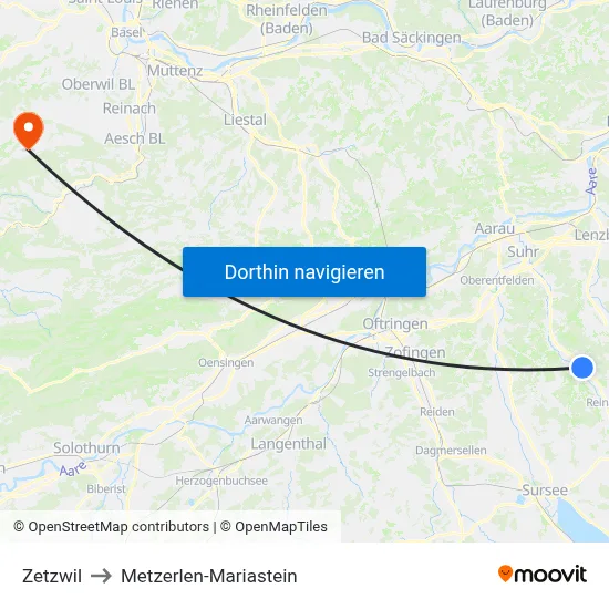 Zetzwil to Metzerlen-Mariastein map