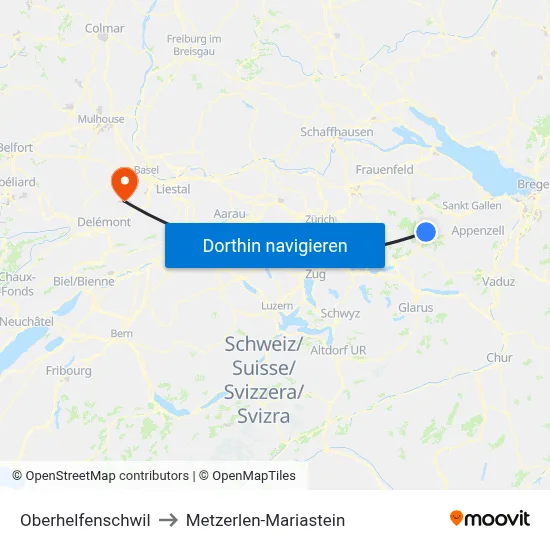 Oberhelfenschwil to Metzerlen-Mariastein map