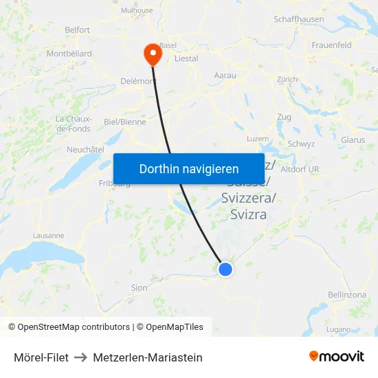 Mörel-Filet to Metzerlen-Mariastein map