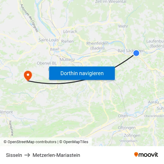 Sisseln to Metzerlen-Mariastein map