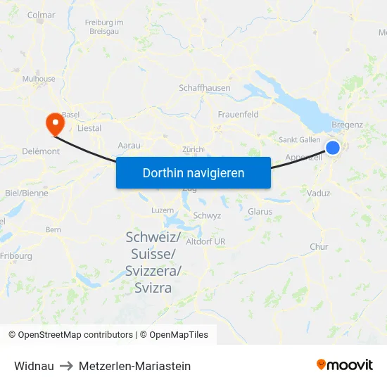 Widnau to Metzerlen-Mariastein map