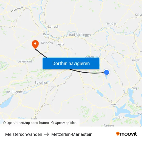 Meisterschwanden to Metzerlen-Mariastein map