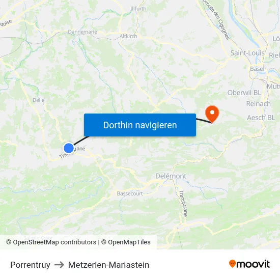 Porrentruy to Metzerlen-Mariastein map