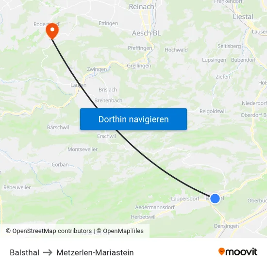 Balsthal to Metzerlen-Mariastein map