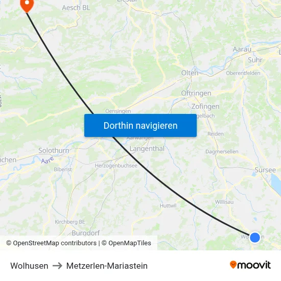 Wolhusen to Metzerlen-Mariastein map
